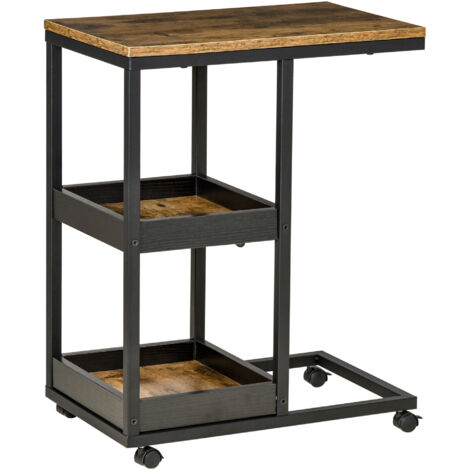 Table appoint forme c roues étagères ouvertes cadre acier salon/chambre, 51x33x66 cm, brun foncé (1/5)