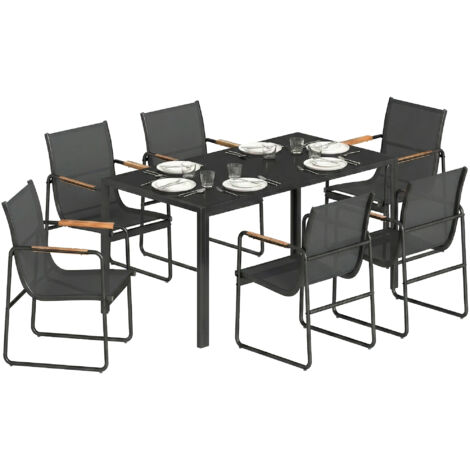 Ensemble extérieur 7 pièces acier : table verre trempé + 6 chaises texteline respirantes, noir (1/5)