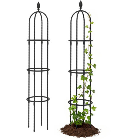 Lot 2 obélisques jardin acier 1,74 m, treillis plantes grimpantes rose, terrasse extérieur, noir (1/5)