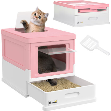 Litière Fermée Pliable en PP – Plateau Amovible, 2 Portes, 47,5 x 35,5 x 36,7 cm (Rose et Blanc) (1/5)