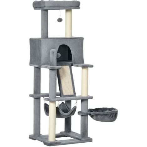 Griffoir Arbre pour Chats Adultes et Chatons, Poteaux Sisal, Maison de Jeu, Lit, Hamacs Peluche, 48 x 48 x 140 cm, Gris (1/5)