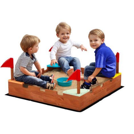 Bac sable bois enfants 3-7 ans sièges drapeaux sans fond thème muraille 90x90x17 cm marron (1/5)