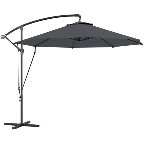 Parasol décalé Ø3 m cordes pare-vent bouches aération base transversale manivelle basculant pivotant métal polyester 180 g/m² UV50+ gris foncé (1/5)
