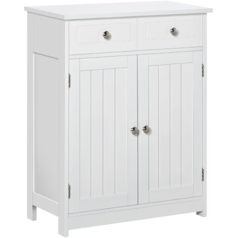 Armoire salle bain 2 portes étagère réglable 2 tiroirs bois peu place 60x30x75 cm blanche (1/5)