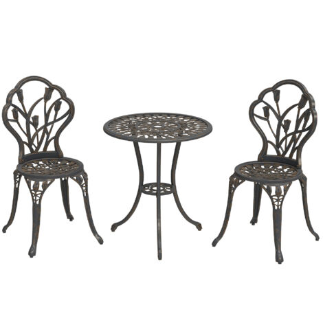 Ensemble extérieur 3 pièces 2 chaises jardin table ronde trou parasol bronze (1/5)