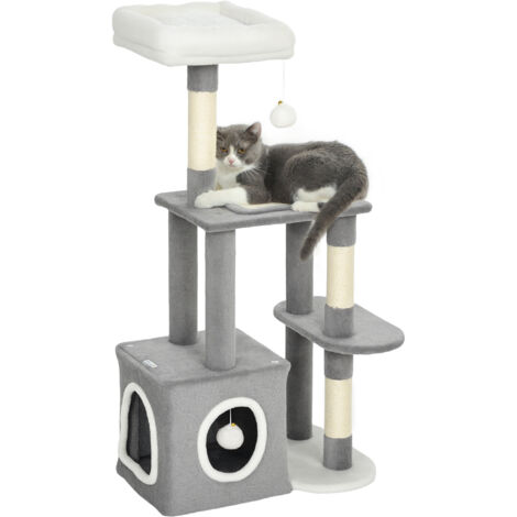 Griffoir arbre chat abri chat lit camp 2 balls bois peluche 55x40x107 cm gris blanc (1/5)
