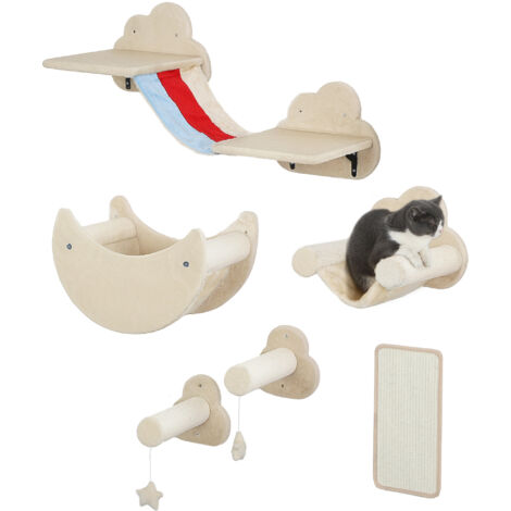 Ensemble grimpe murale 6 parties chats, hamacs, plateformes, planche gratter, escaliers, étoiles, beiges (1/5)