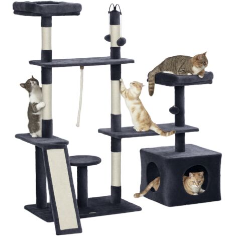 Griffoir chats tour 134 cm nids, plateformes, balles jouets et poteaux sisal, gris foncé (1/5)