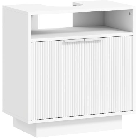 Meuble sous évier 2 portes nervurées compartiment ouvert évier sans piédestal, 60x33x63 cm, blanc (1/5)