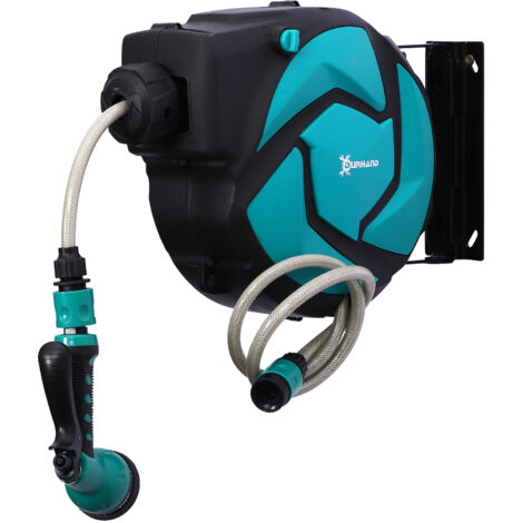 Dévidoir mural enrouleur automatique pivotant 180° tuyau 10+1 m lance arrosage support mural intégré turquoise noir