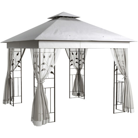 Pavillon double toit gazebo jardin étanche hivernale résistant eau 3x3 m moustiquaire gris clair