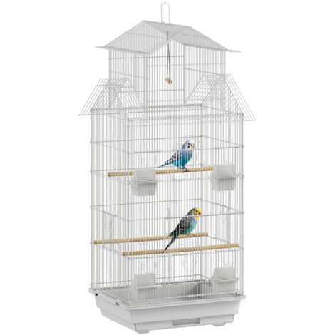 Cage oiseaux acier mangeoires perchoirs plateau amovible, 50,5x41x104 cm, blanc (1/5)