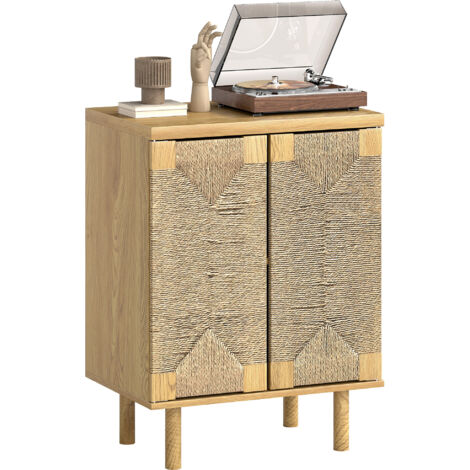 Buffet bohème 2 portes corde tressée main étagère réglable ouverture pression, 60x40x78 cm, chêne (1/5)