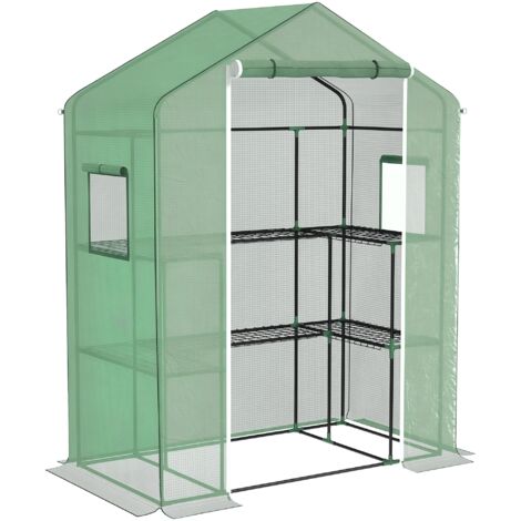 Serre 1 porte 2 fenêtres étagères u 2 niveaux culture plantes, 140x73x190 cm, vert (1/5)