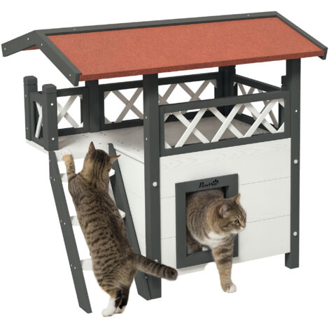 Maison extérieure chats terrasse échelle lit bois chats petits animaux 77x50x73 cm blanc gris (1/5)