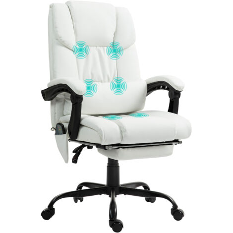 Chaise bureau massage 6 points dossier haut inclinable repose-pieds réglable hauteur télécommande, blanc (1/5)