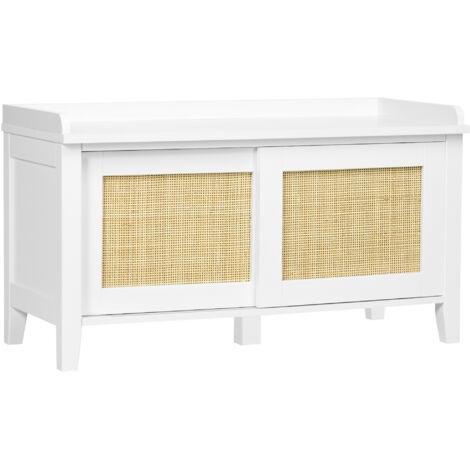 Armoire chaussures blanc/naturel, établi, 2 portes rotin, charge 130 kg, 80x35x45 cm. (1/5)
