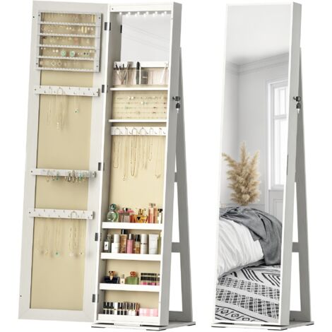 Armoire bijoux lumières LED, verrouillage miroir intégré, blanc grain bois (1/5)