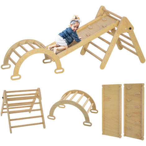 Triangle escalade bois pliant 5-en-1 avec rampe arc, enfant, 178x64,5x63 cm, bois naturel (1/5)