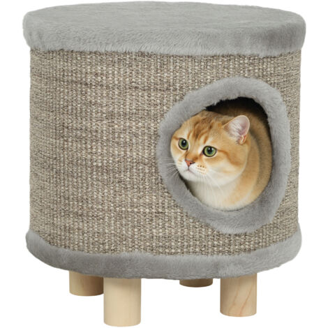 Lit repose-pieds 3-en-1 chats, pattes bois griffer, 36x36x38 cm, gris (1/5)