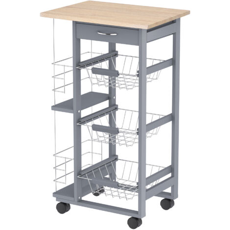 Chariot cuisine 3 tiroirs retirer 1 tiroir 2 porte-bouteilles rangement bois pin métal 47x37x83 cm chêne gris (1/5)
