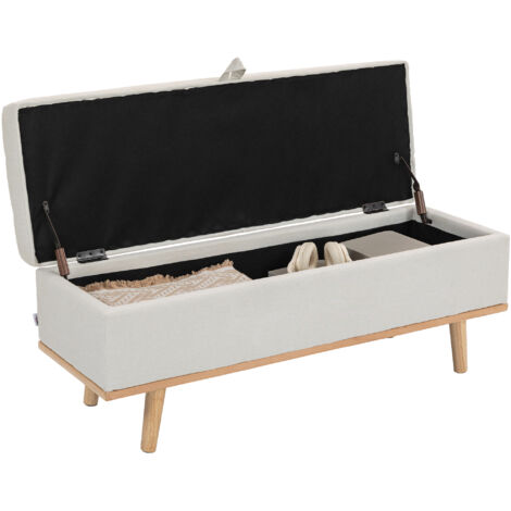 Pouf rangement rembourré 80 L housse tissu repose pieds banc rangement pieds bois salon chambre couloir 118 x 42 x 45 cm crème (1/5)