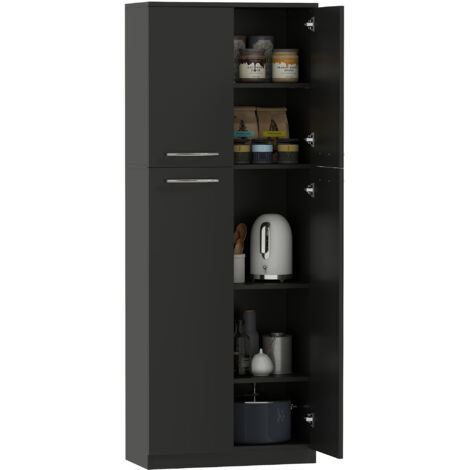 Buffet cuisine, 2 placards, étagères MDF, 59x31x155cm, noir (1/5)