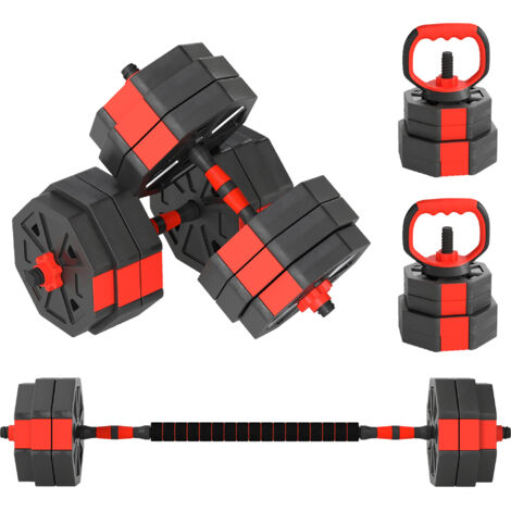 Ensemble poids salle 4-en-1 30 kg plastique sable haltères ajustable kettlebell haltères barre support pompes rouge (1/5)