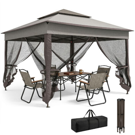 Tente kiosque pliante 3,3x3,3 m 4 parois latérales maille anti-uv sac transport, gris (1/5)