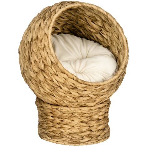 Grotte détachable lit chat osier, coussin amovible, 40x37x51 cm, marron/beige (1/5)