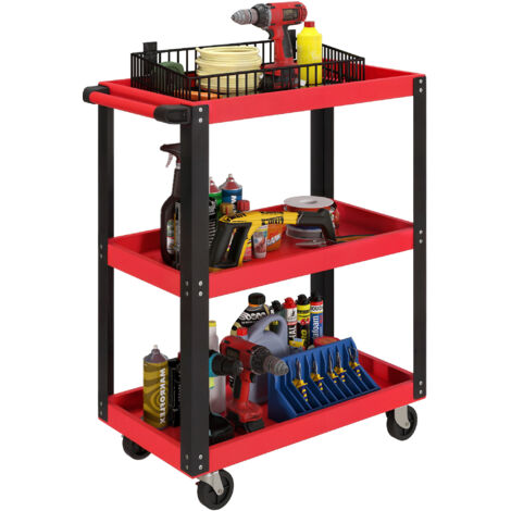 Chariot à outils avec 3 étagères, roues et poignées pour garage, chargement de la maison 120 kg, rouge et noir. (1/5)