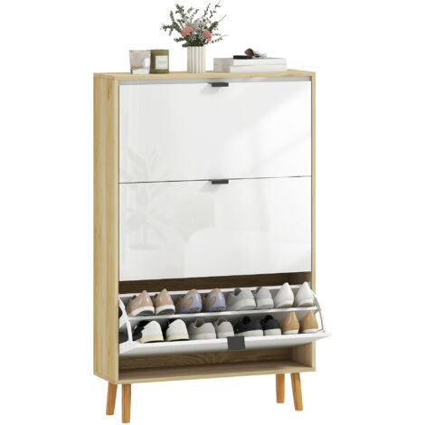 Schuhschrank slim moderne mit 3 klappbare schubladen für 24 paar schuhe 80x24x127 cm glänzendes weiß (1/5)