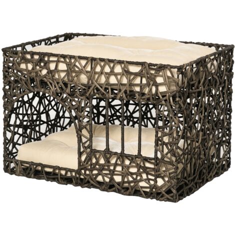 Panier rotin 2 hauteurs, lit grotte chat, 2 coussins moelleux, fenêtre, 56x41x45 cm, café noir (1/5)