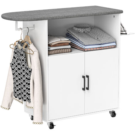 Armoire planches repasser bar à linge porte-fer polyvalente étagère ouverte roues frein étagère réglable 125x43,5x102,5 cm blanc (1/5)