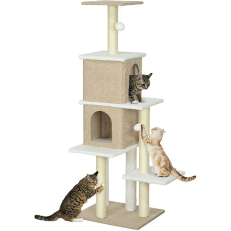 Arbre gratter peau mouton 140 cm, 2 plateformes balles suspendues poteau sisal, brun clair (1/5)