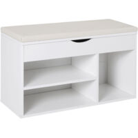 Banquette chaussures moderne, 80x30x47 cm, siège, tiroirs ouverts, coussin.