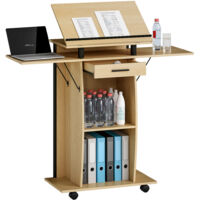 Pupitre roulable ailes latérales pliables table ordinateur portable tiroir étagères, style chêne