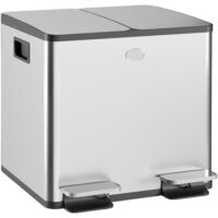 Poubelle cuisine inox 2 compartiments 2x15 L, couvercles souples fermeture, seau amovible, argent