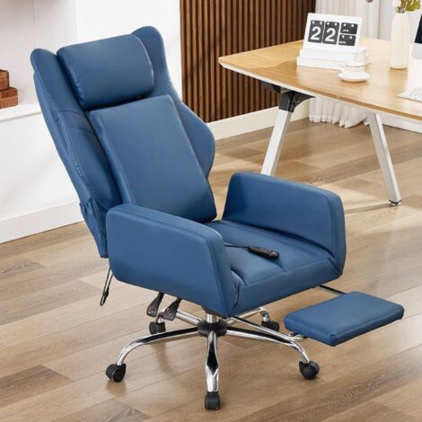 Silla de oficina ergonómica con reposabrazos plegables, silla ejecutiva con masaje y reposapiés extensible, para oficina en casa o para jugar (azul). (1/5)