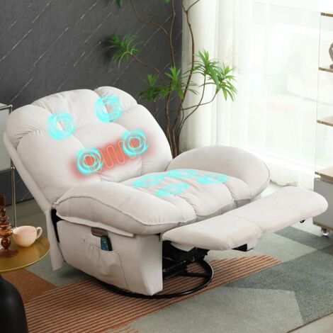 Sillón de masaje eléctrico reclinable con masaje vibratorio, calefacción, conectores tipo C y USB, función giratoria con temporizador, 1 portavasos y bolsillos laterales (blanco).