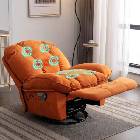 Sillón de masaje eléctrico reclinable con calefacción, función de masaje vibratorio, conectores tipo C y USB, giro con temporizador, 1 portavasos y bolsillos laterales (naranja).