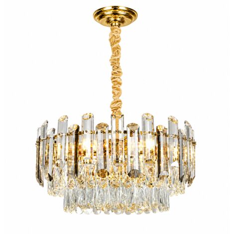 Luxe lustre en cristal ronde, suspension LED dorée avec 3 couleurs de lumière, plafonnier élégant pour salon