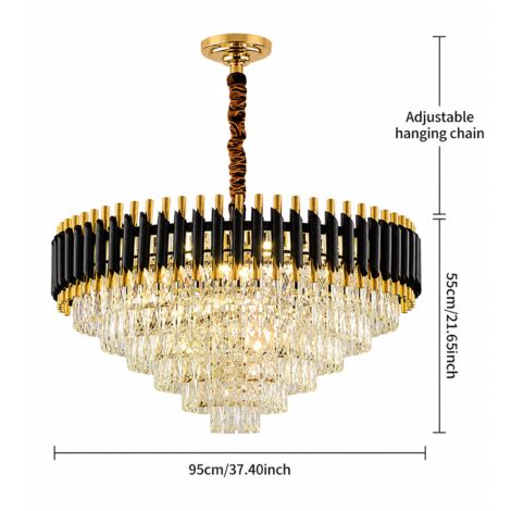 Grand lustre de luxe en cristal noir et doré Ø95 cm, suspension multicouche avec 3 couleurs de lumière, lampe design pour grands espaces