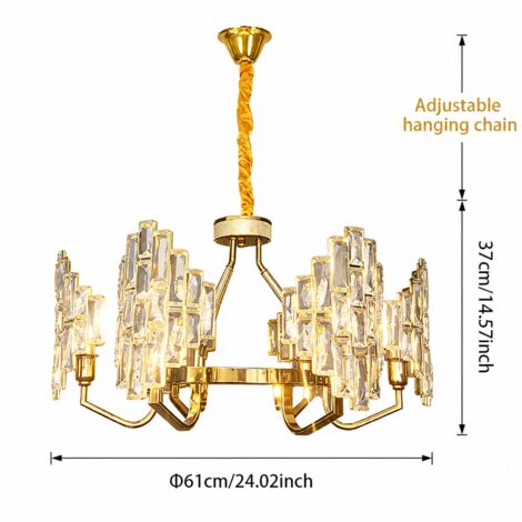 Compact lustre en cristal Ø61 cm, élégante suspension dorée avec design en verre, 6 lumières, 3 couleurs de lumière