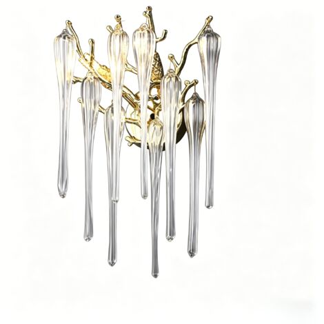 Applique moderne murale dorée avec cristal, forme goutte, pendentifs en verre, E14 2 lumières pour couloir, chambre et espace de vie