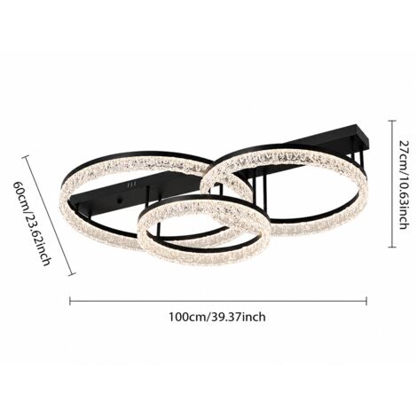 Plafonnier LED moderne en cristal, 3 anneaux, dimmable 3 modes de couleur, 166W, Ø60+100 cm, plafonnier élégant pour salon, chambre et salle à manger