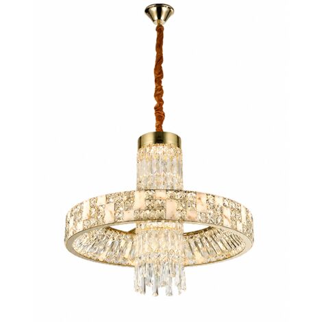 Suspension LED en cristal ronde Ø60 cm, suspension dorée anneau, 3 couleurs de lumière, dimmable, pour salon et salle à manger