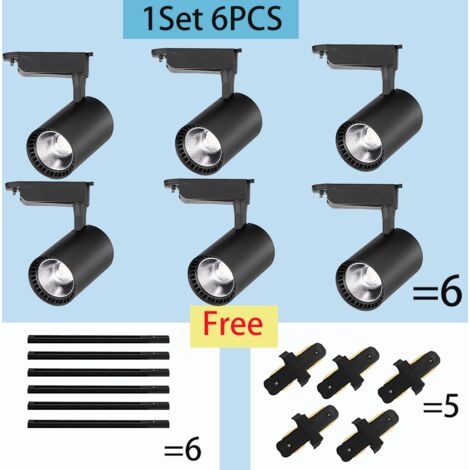 Lot de 6 spot LED sur rail 20W noir, blanc chaud 3000K, Premium spots de plafond pour système de rails LED, incl. rail et connecteurs enfichables