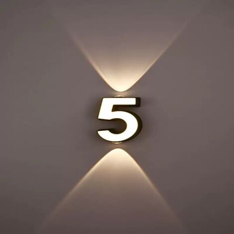 Applique LED LED numéro de maison 5, applique murale moderne extérieure avec lumière Up et Down, IP65 étanche, blanc chaud, économe en énergie pour façade et entrée
