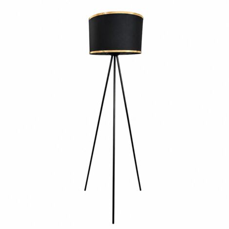 Lampadaire Trépied Moderne Noir avec Abat-jour en Tissu Noir et Doré, Lampe sur Pied E27 avec Interrupteur au Pied pour Salon Chambre Bureau